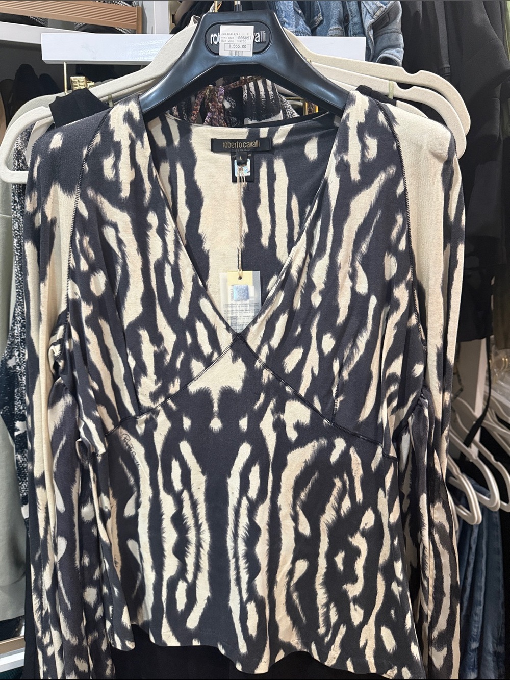Roberto Cavalli Black and Cream V-Neck Abstract Print Blouse